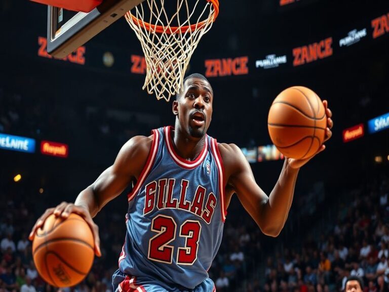 A dynamic image of Jamal Mashburn in action during an NBA game, displaying his signature shooting form, with a packed stadium