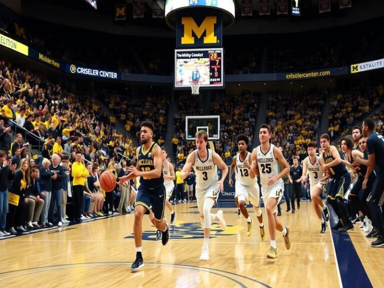 A vibrant scene from a U of M basketball game, showcasing fans in maize and blue, the team in action on the court, and the el