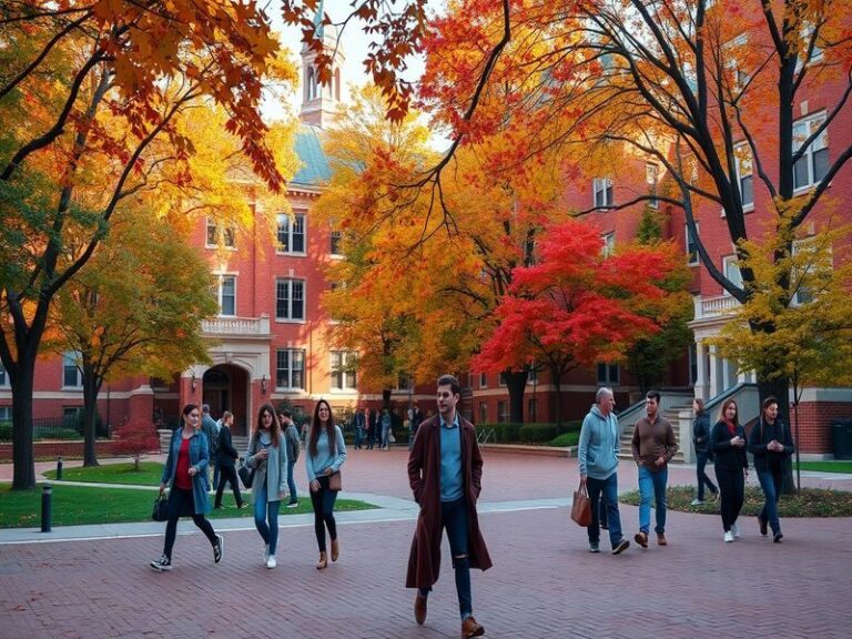 A vibrant campus scene at St. John's University in Queens, New York, featuring modern academic buildings, students walking be