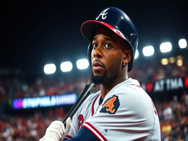 A dynamic action shot of Ozzie Albies during a game, showcasing his batting stance with fans cheering in the background.