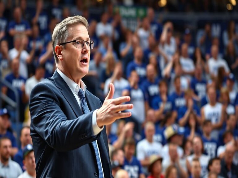 An action-packed image of Jon Scheyer coaching during a Duke basketball game, showcasing his intensity and focus, with player