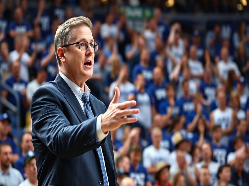 An action-packed image of Jon Scheyer coaching during a Duke basketball game, showcasing his intensity and focus, with player