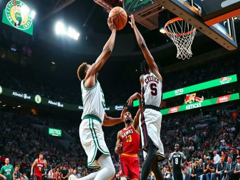 An action shot of the Celtics and Hawks players competing on the court, showcasing intense gameplay and fan engagement.