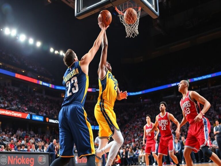 An action shot of a Pacers vs. Clippers game, highlighting players in motion with a packed arena and cheering fans.