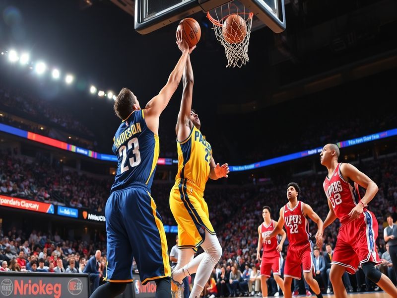 An action shot of a Pacers vs. Clippers game, highlighting players in motion with a packed arena and cheering fans.