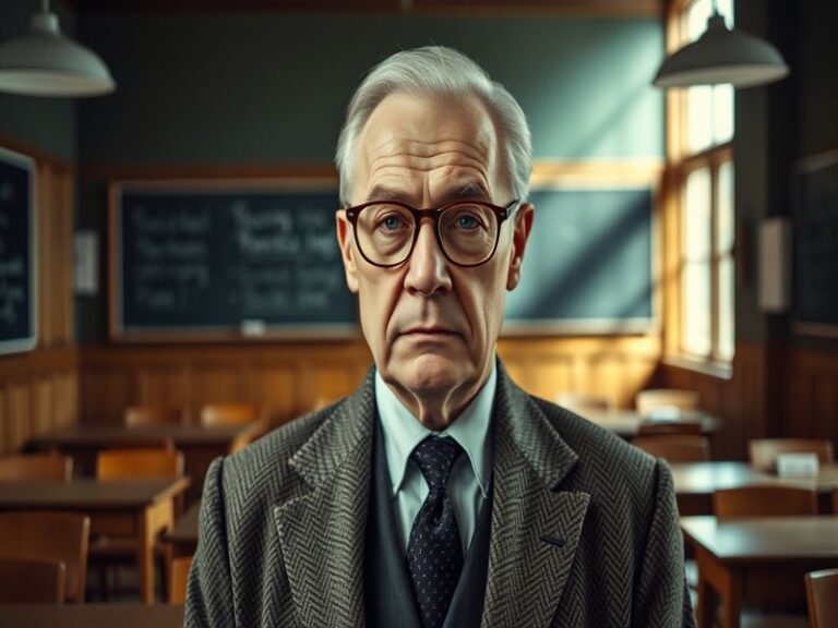 A cinematic portrait of James Tolkan in his prime, wearing a suit and tie with a stern but approachable expression. The backg