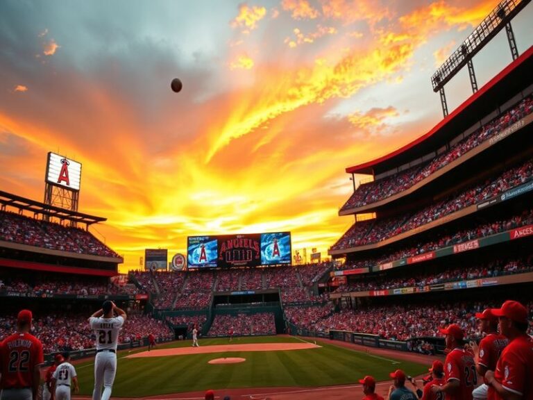 A vibrant image of Angel Stadium packed with fans, showcasing the excitement of a game day atmosphere with players on the fie
