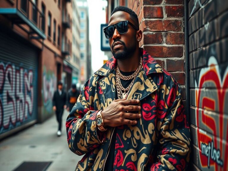 A vibrant image of Slick Rick performing on stage, wearing his signature eye patch and flashy jewelry, surrounded by an enthu