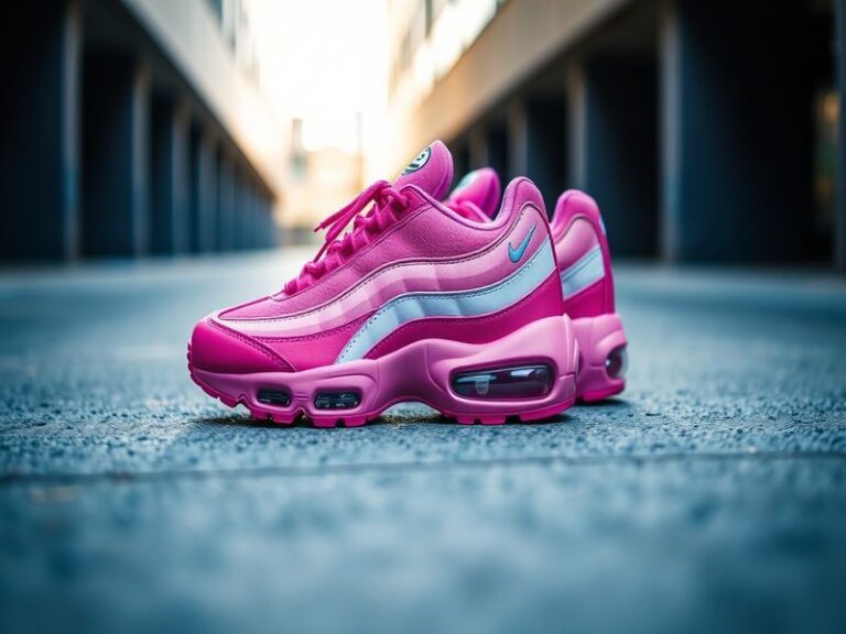 A stylish shot of the Nike Air Max 95 Pink Foam, showcasing its unique colorway and design elements, set against an urban bac