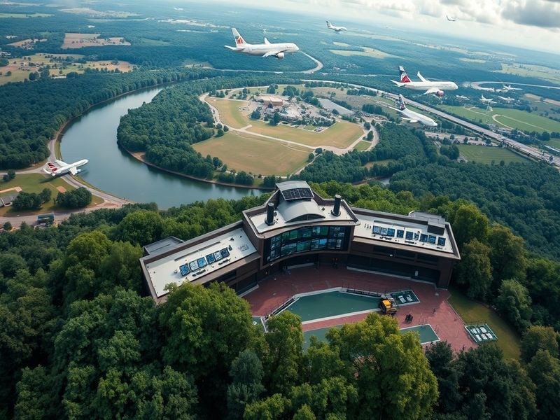 An aerial view of Potomac TRACON facility, showcasing radar and communication equipment, with aircraft in the background.