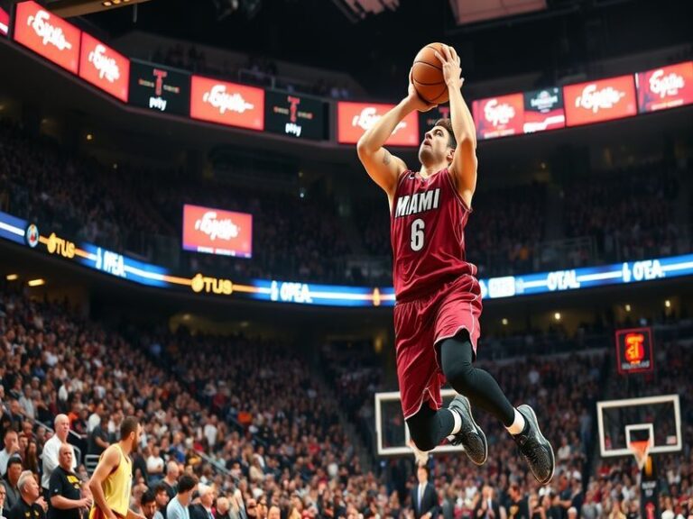 An action shot of Max Strus on the basketball court, showcasing his shooting form during a game, with fans in the background.