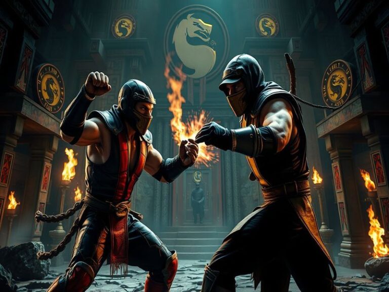 An action-packed scene from Mortal Kombat showcasing iconic characters in a vibrant, dynamic fighting environment.