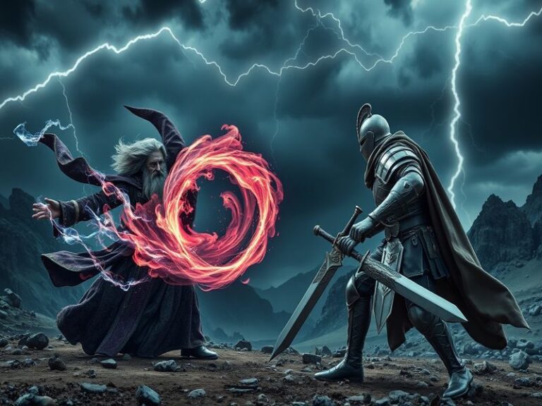 A split-image illustration contrasting a medieval warrior in armor on one side and a robed wizard with a glowing staff on the