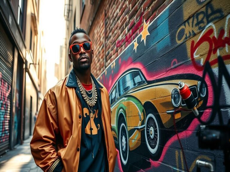 A vibrant image of Slick Rick performing on stage, showcasing his unique fashion style, including an eye patch and elaborate
