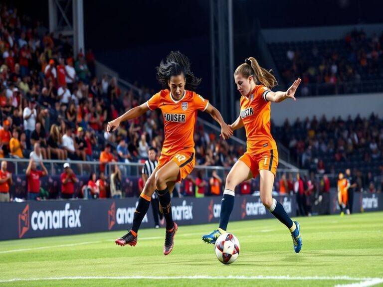 An action-packed scene from the match between Houston Dash and Angel City FC, showcasing players in dynamic poses, the vibran