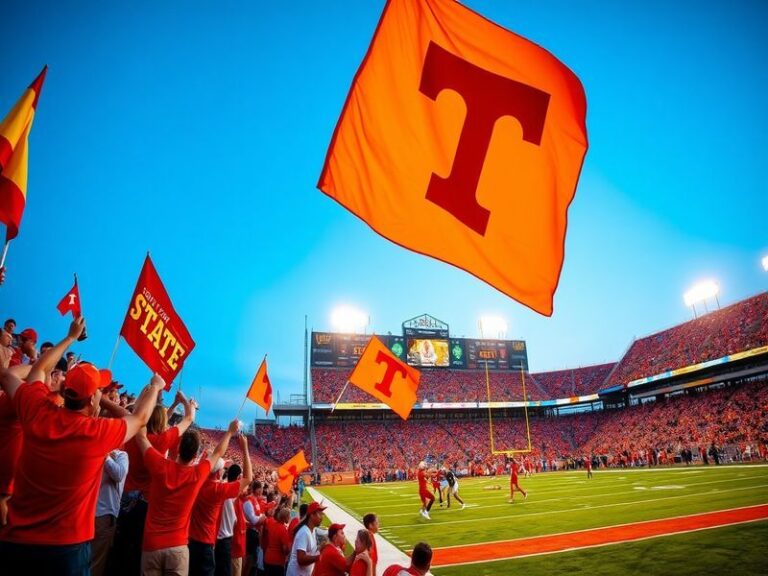 A dynamic image showcasing Iowa State and Tennessee players in action, highlighting the intensity of college football, with f