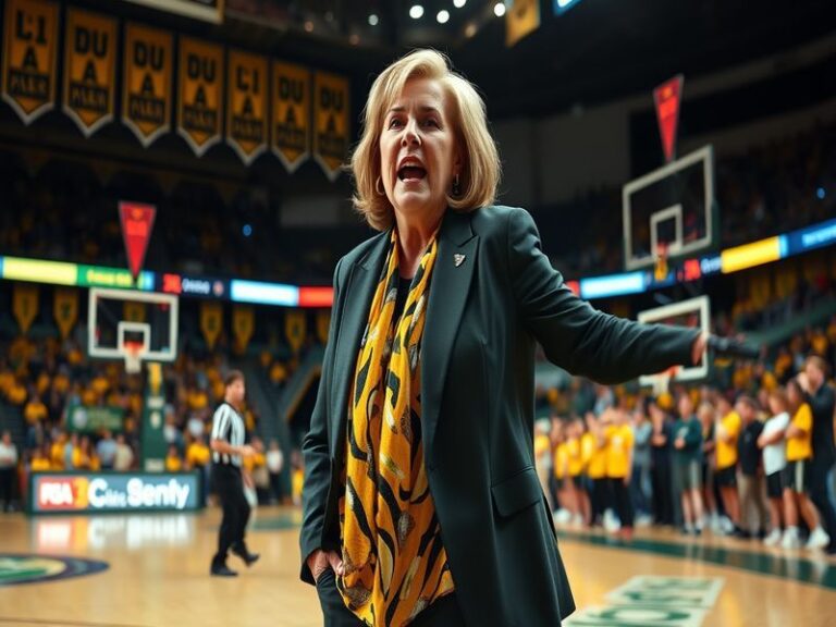 A dynamic image of Kim Mulkey coaching on the sidelines, showcasing her passion and intensity during a game, with players in