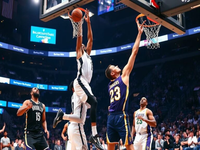An action shot of Kevin Durant and LeBron James mid-play during a Nets vs Lakers game, with the Brooklyn Bridge and Lakers' p