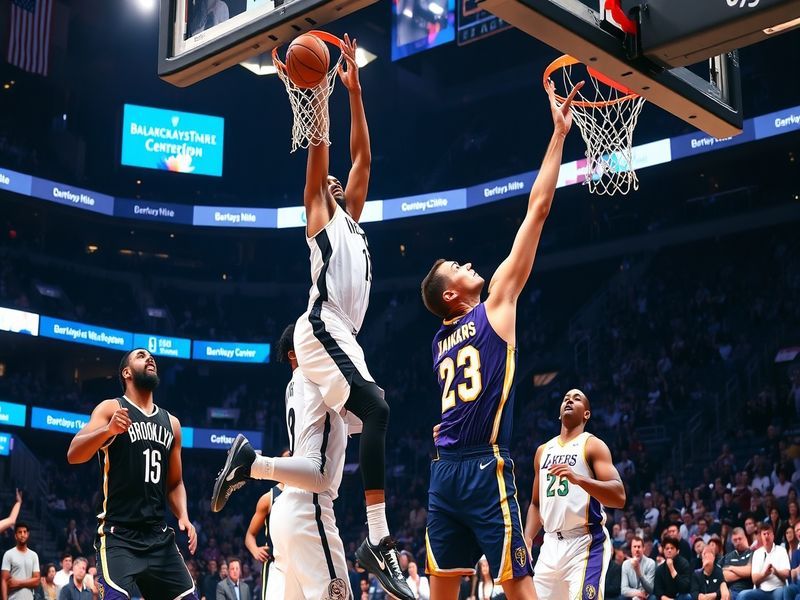 An action shot of Kevin Durant and LeBron James mid-play during a Nets vs Lakers game, with the Brooklyn Bridge and Lakers' p