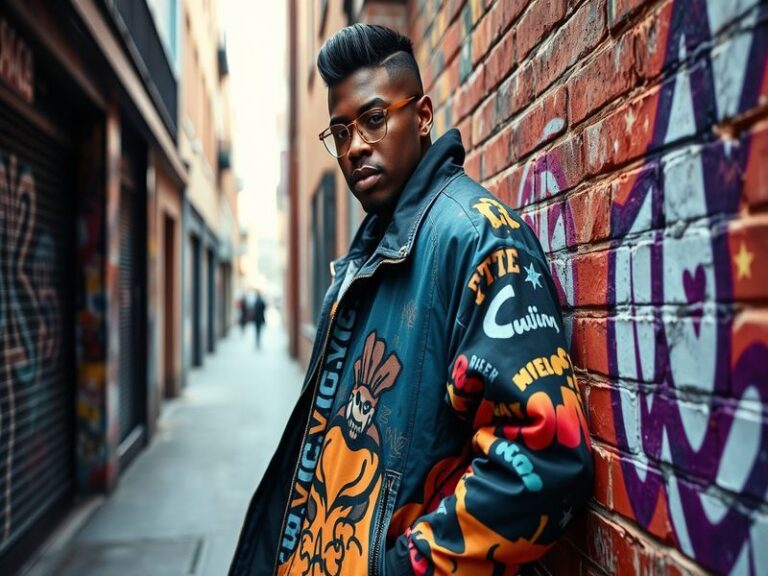 A vibrant image of Slick Rick performing live, showcasing his iconic eye patch and flashy attire, set against a colorful stag