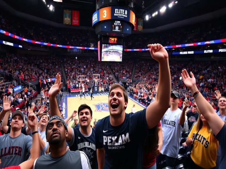 A vibrant image showcasing a packed basketball arena during an Elite 8 game, with fans wearing team colors and holding banner