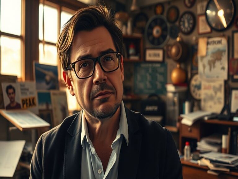 A dynamic collage featuring J.J. Abrams at a film premiere, iconic scenes from 'Star Wars' and 'Star Trek', and a cinematic b