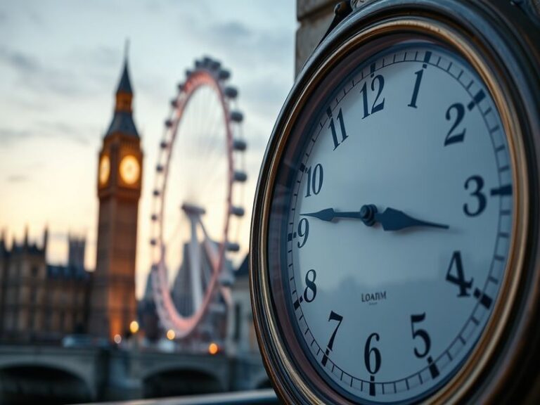 An illustration depicting a clock with changing seasons in the background, symbolizing the transition of time in the UK.