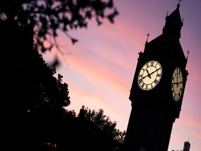 A clock set against a backdrop of the UK skyline, symbolizing the biannual time change, with warm sunset colors illustrating