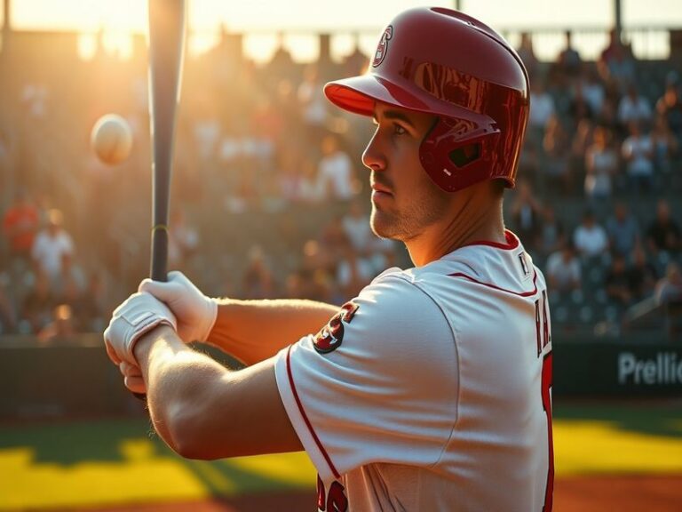 An action shot of Luke Raley in a baseball uniform, mid-swing at the plate, with a dynamic background showcasing a stadium fi