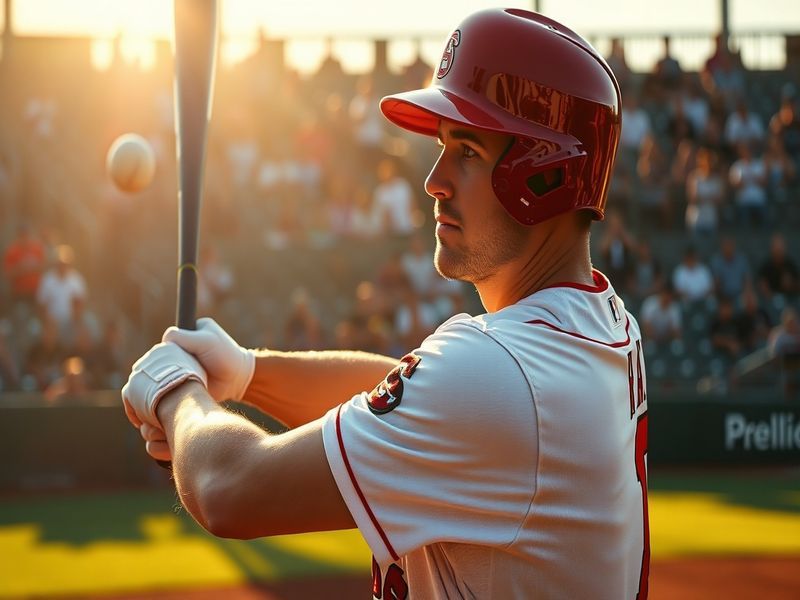 An action shot of Luke Raley in a baseball uniform, mid-swing at the plate, with a dynamic background showcasing a stadium fi