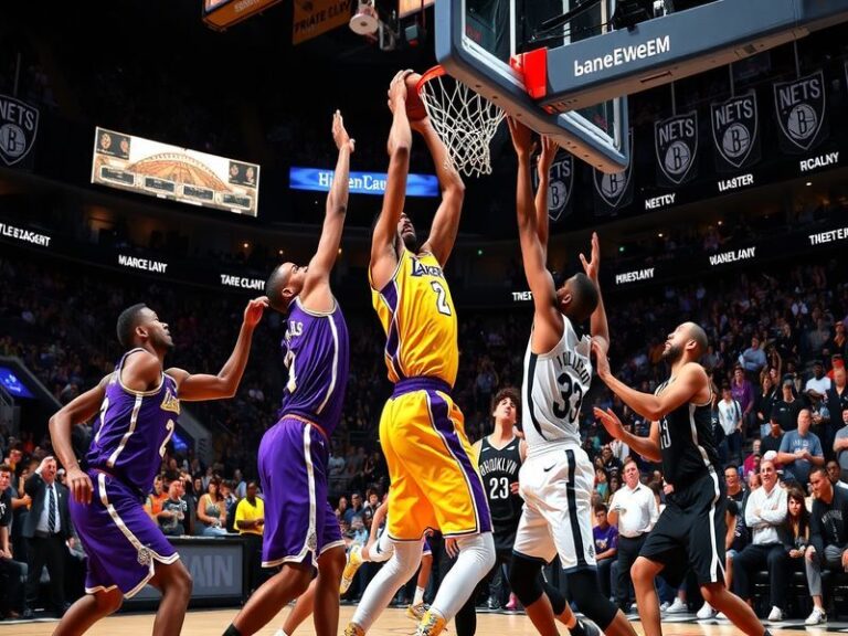 An intense game scene featuring Lakers and Nets players in action, showcasing the energy of the crowd and the competitive atm