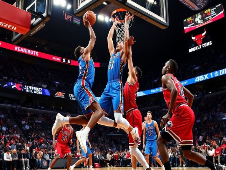 An action shot of a Thunder vs Bulls game, showcasing players in dynamic motion, with fans in the background, highlighting th
