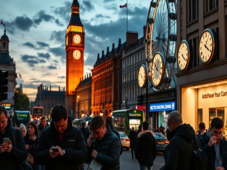A vintage-style clock mid-transition, showing hands moving from 1:59 to 3:00, with a soft golden-hour sunset in the backgroun