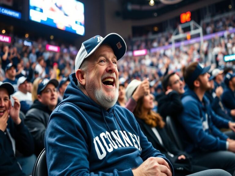 A vibrant image of Bill Murray cheering at a UConn basketball game, surrounded by enthusiastic fans, showcasing the excitemen