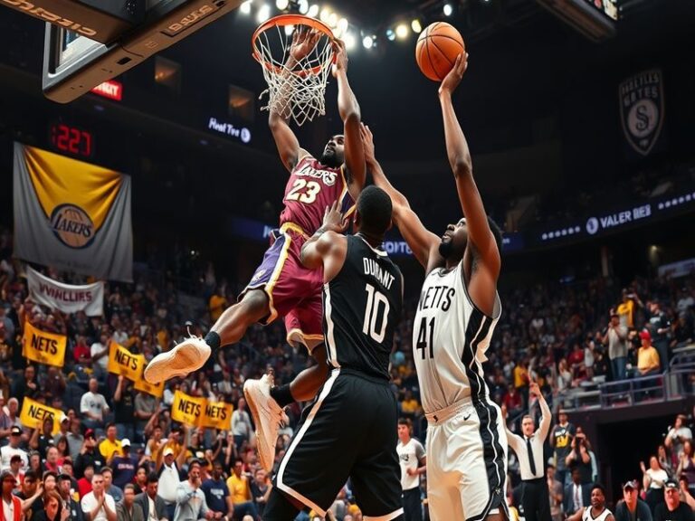 A vibrant image showcasing the Lakers and Nets players in action during a game, capturing the intensity and excitement of the