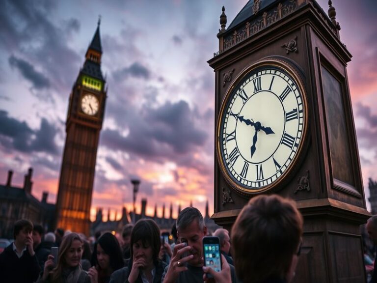 A split-image illustration showing a vintage clock adjusting hands with a modern city skyline in the background, one side bri