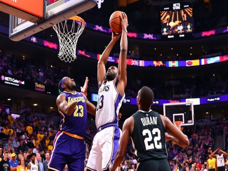 A high-energy basketball game scene featuring the Lakers and Nets players in action, showcasing their vibrant jerseys and int