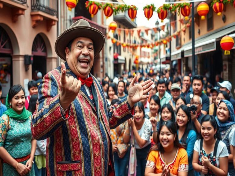 A vibrant stage scene featuring Manolo Rojas performing stand-up comedy, with a lively audience engaged and laughing.