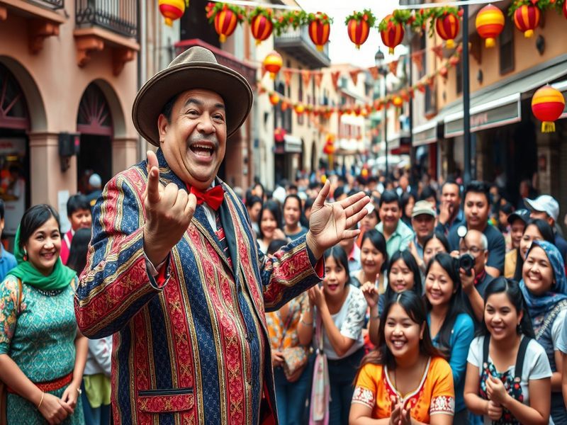 A vibrant stage scene featuring Manolo Rojas performing stand-up comedy, with a lively audience engaged and laughing.