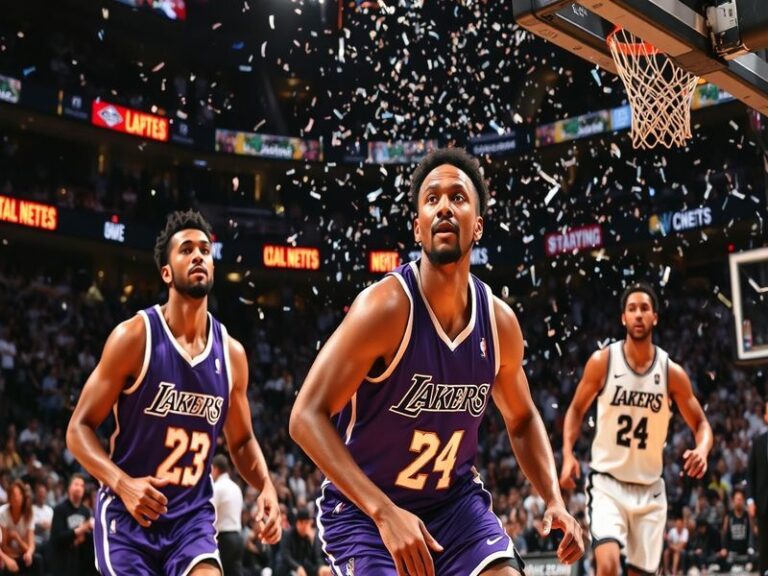 A vibrant basketball arena filled with fans, showcasing the Lakers and Nets logos, with players in action on the court.