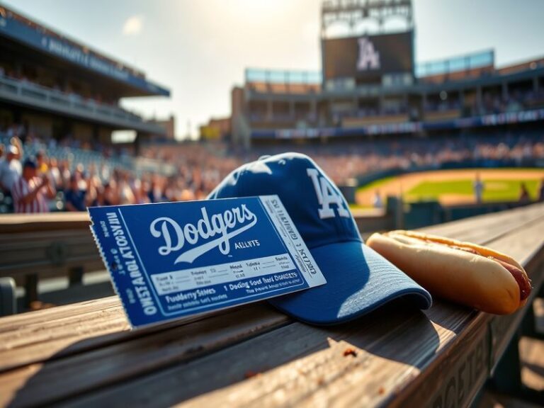 A vibrant shot of Dodger Stadium filled with fans during a game, showcasing the iconic blue seats, the field under bright lig