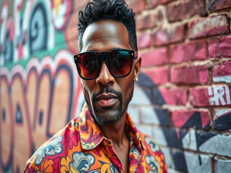 An artistic representation of Slick Rick performing on stage, showcasing his iconic eye patch and stylish attire in a vibrant