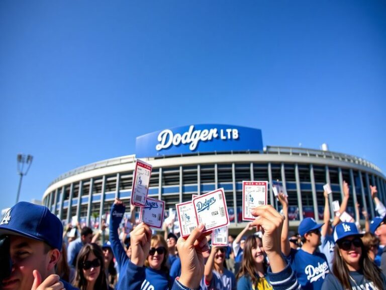 A vibrant photo of Dodger Stadium during a night game, showing the field under bright lights, the iconic scoreboard, and a pa