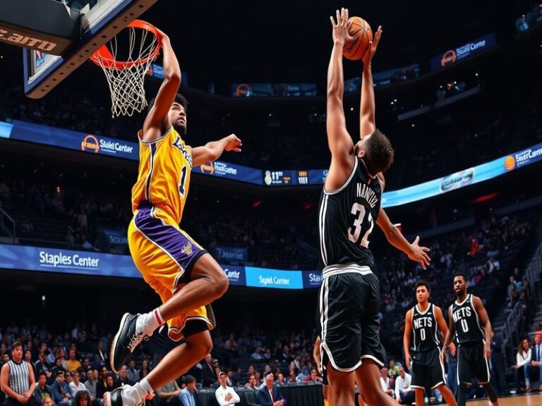 A vibrant image capturing a Lakers vs Nets game, featuring players in action, a packed stadium, and fans showing team spirit.