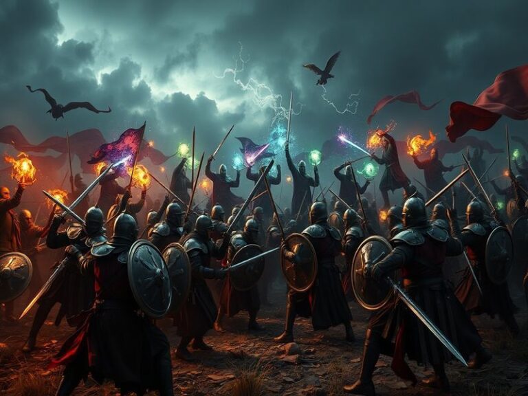 An epic illustration depicting a warrior and a wizard facing off in a mystical landscape, showcasing contrasting elements lik