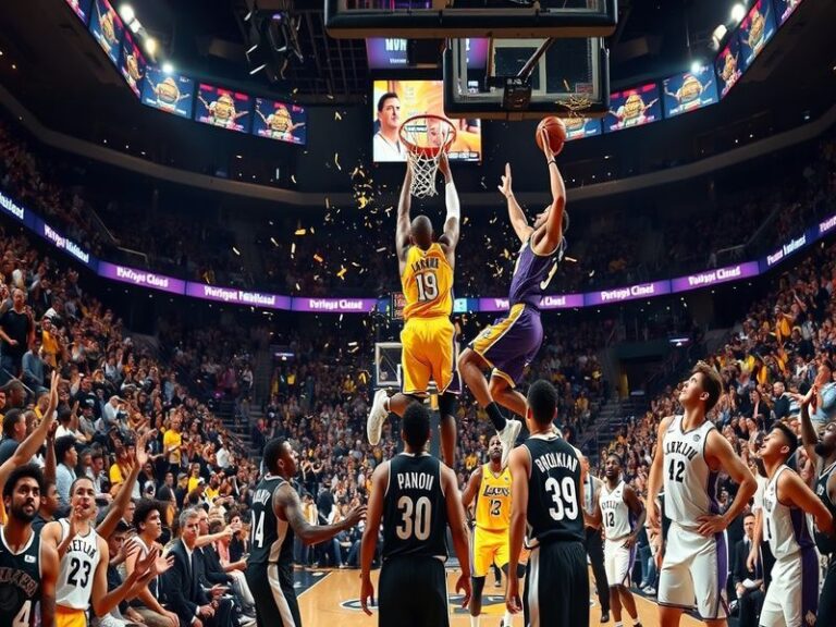 A split-screen image showing LeBron James in purple Lakers jersey on the left and Kevin Durant in black Nets jersey on the ri
