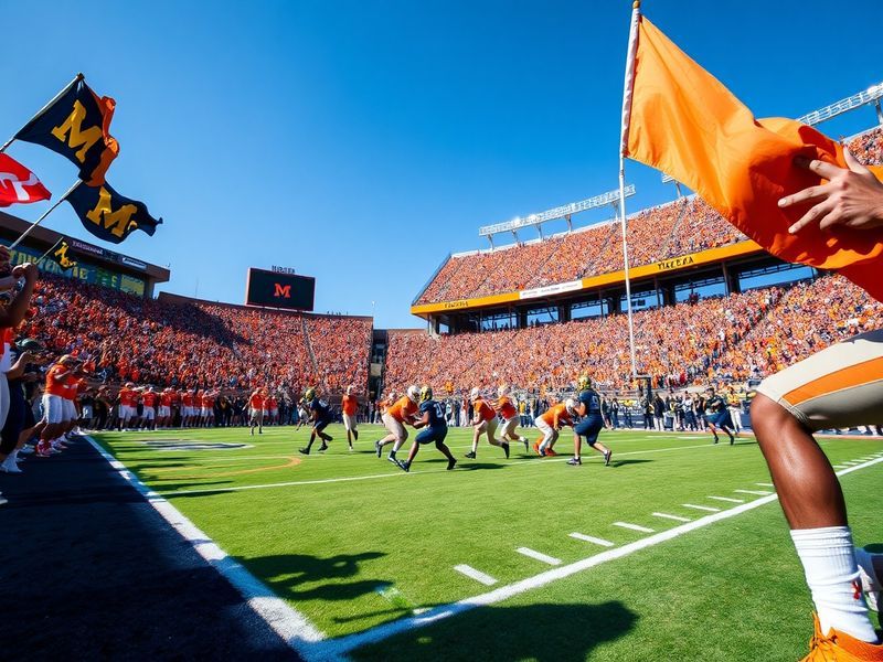 An action-packed image showcasing Tennessee and Michigan players on the field, highlighting their uniforms and the intensity