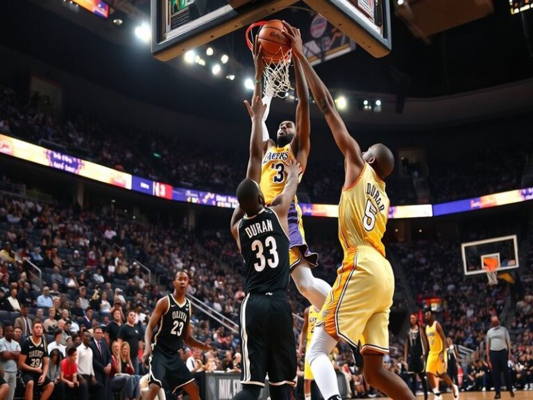 A dynamic basketball game scene featuring the Lakers and Nets, highlighting intense player action and diverse crowd engagemen