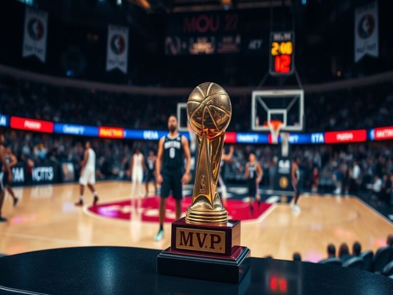 A dynamic shot of a basketball game featuring key MVP candidates, showcasing players in action, with a vibrant crowd in the b