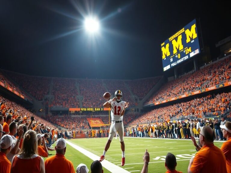 A vibrant image showcasing the Tennessee Volunteers and Michigan Wolverines players in action, highlighting their team colors